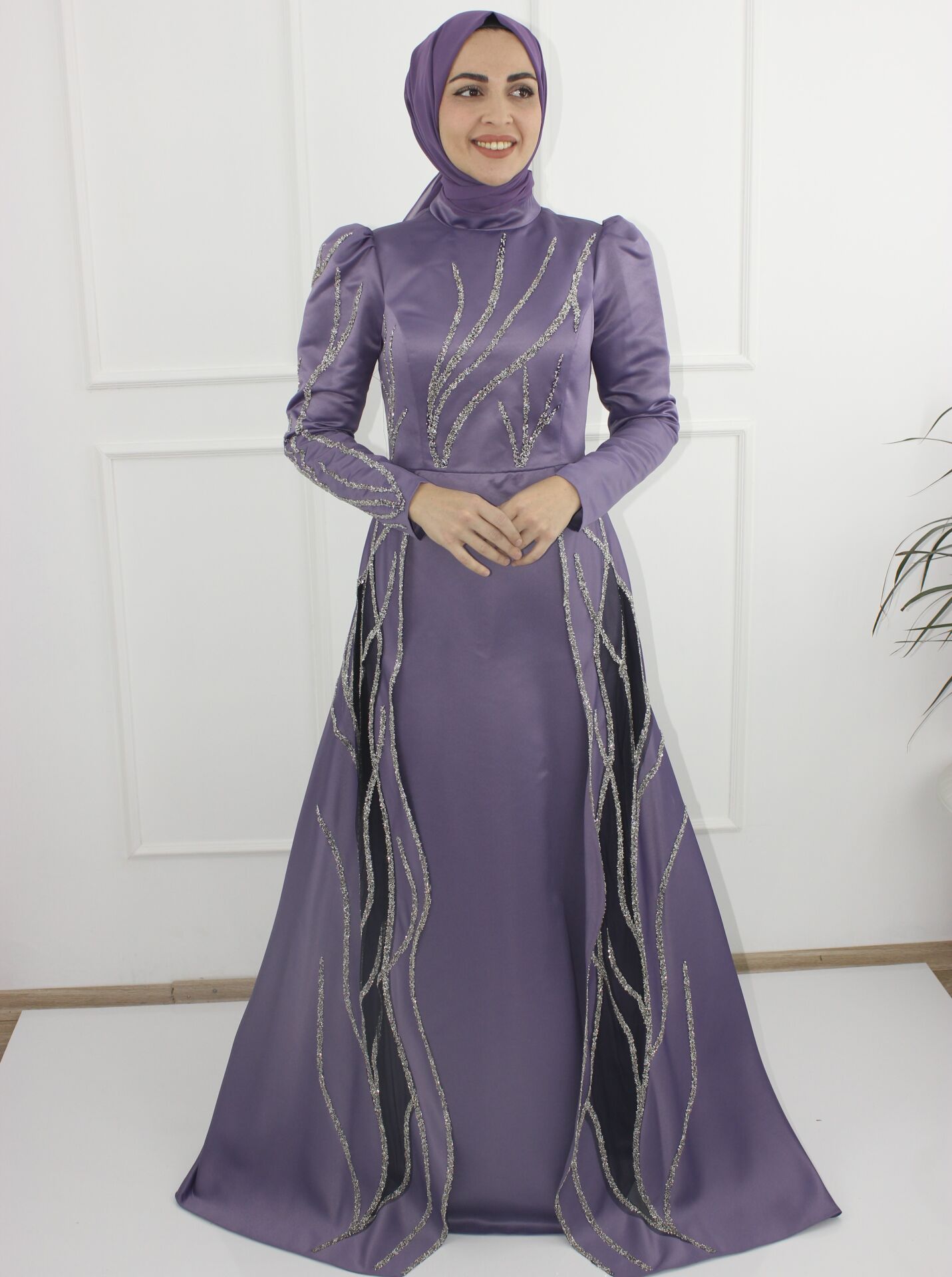 3247 - MERVE PELERİNLİ SATEN TAŞLI TESETTÜR ABİYE 46 - LİLA